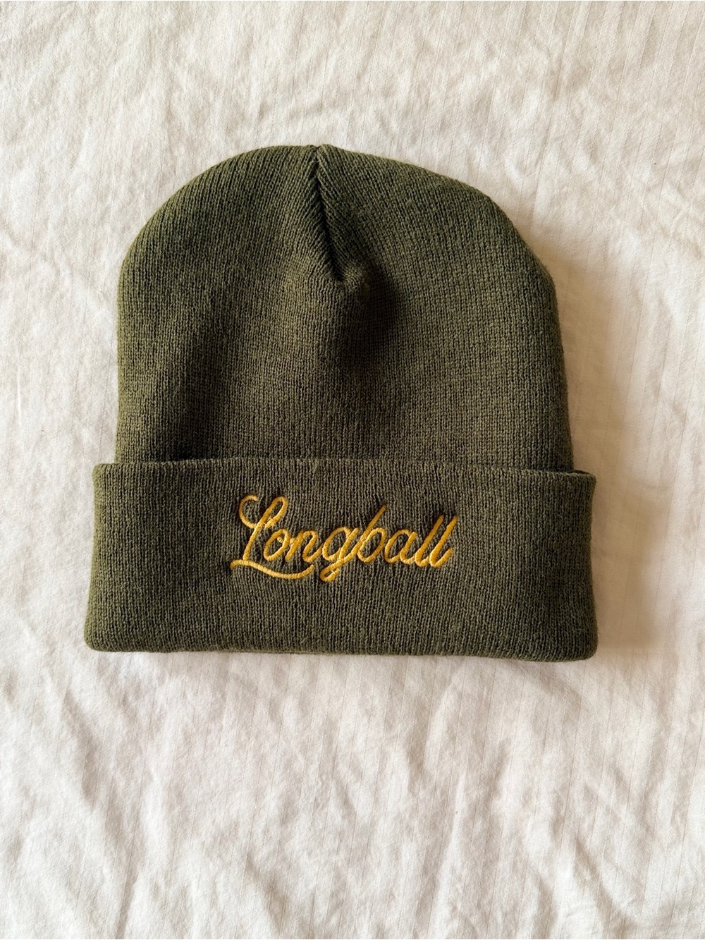 Brand New Longball Olive Knit Beanie with Gold Script